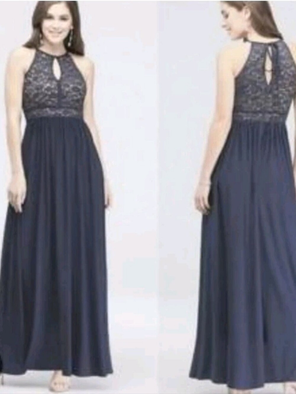 Morgan & Co Maxi Dress Charcoal Gray Blue Lace Sequins Halter Sleeveless 5/6